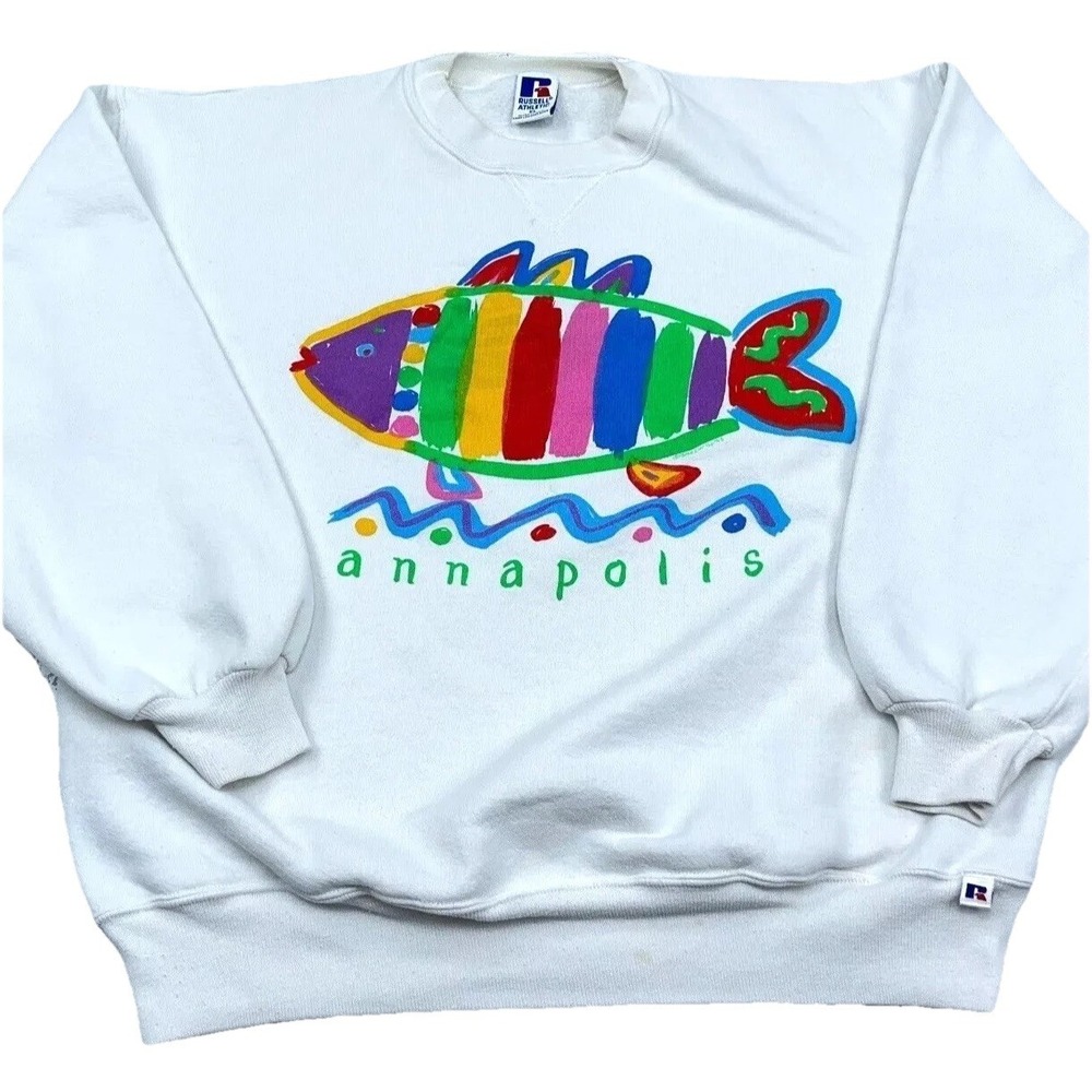 Vintage Russell Sweatshirt Men XL White Crewneck Sweater USA 90s Fish Annapolis